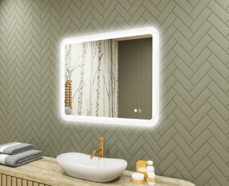 Заоблено огледало за баня с LED осветление, 80×60 см, двуцветно, тъч ключ, отоплителна подложка