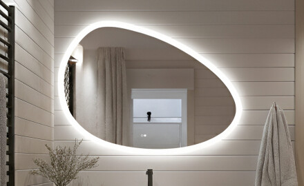 Нерегулярно огледало с осветление, 114×84 см, двоцвятно, тъч‑ключ, отоплителна подложка