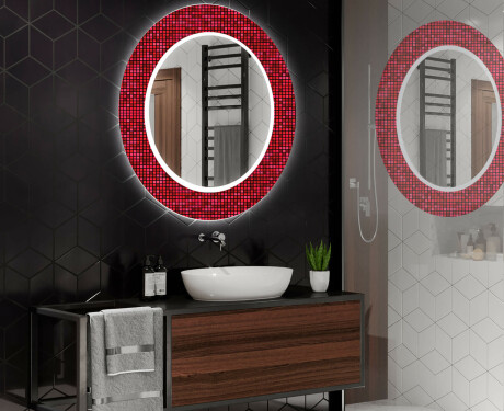 Кръгло Декоративно Огледало С LED Осветление За Баня - Red Mosaic #2